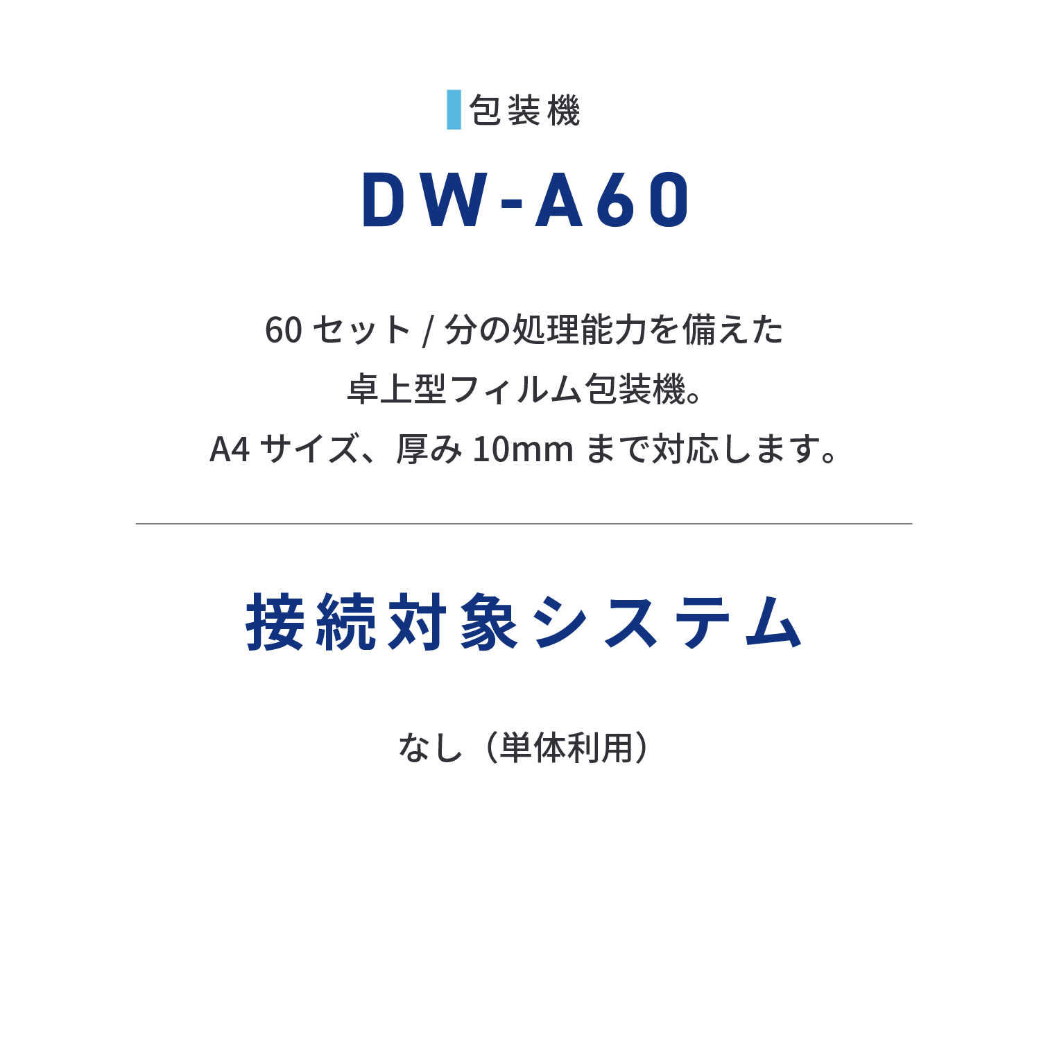 DW-A60　60セット/分の処理能力を備えた卓上型フィルム包装機。A4サイズ、厚み10mmまで対応します。